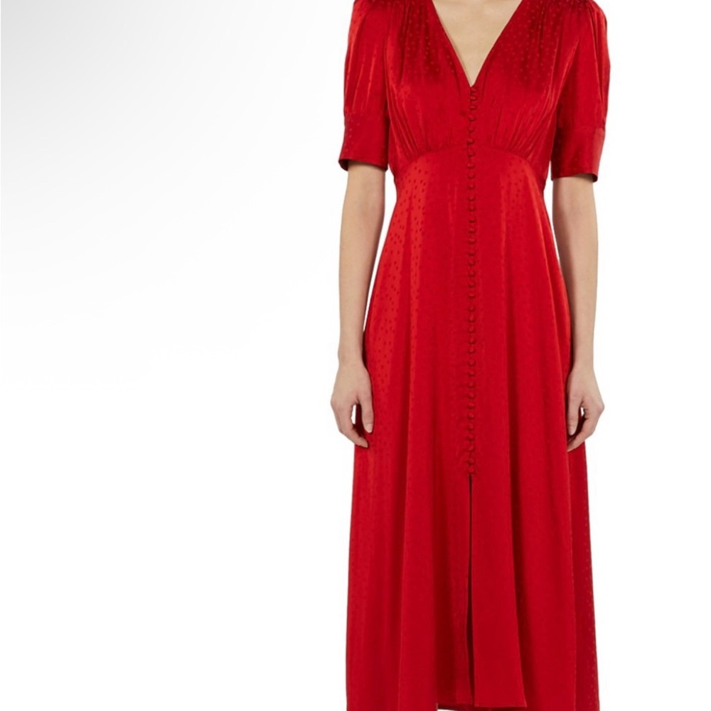 The Kooples Red Puff Sleeve V-Neck Midi Dress